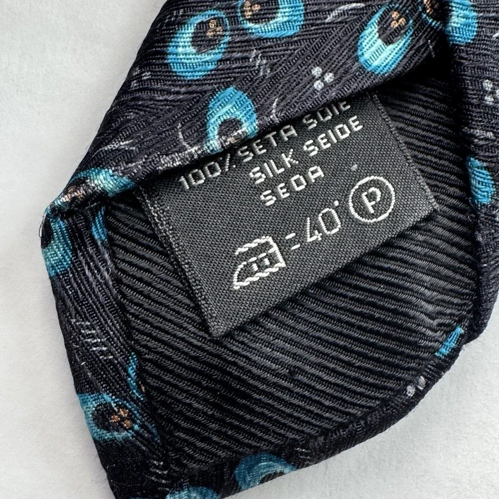 Ermenegildo Zegna Tie Men's Black Teal Geometric Floral Silk Designer Necktie